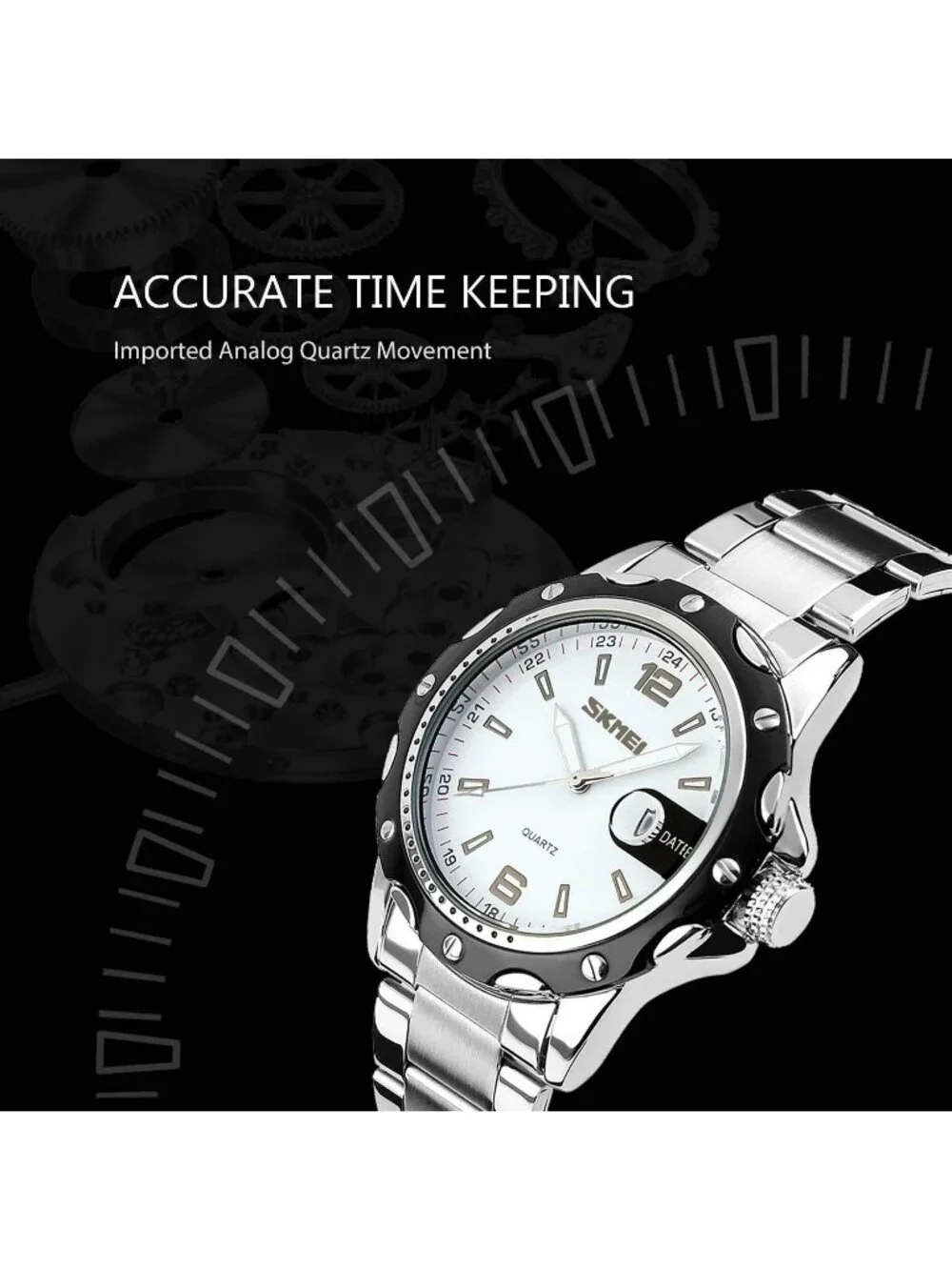 Men's Silver White Analog Quartz Stainless Steel Waterproof Luxury Wrist Watch